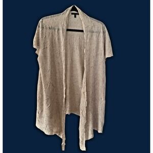EILEEN FISHER Short Sleeve Crinkle Cardigan Sweater, Womens Large, Beige Viscose